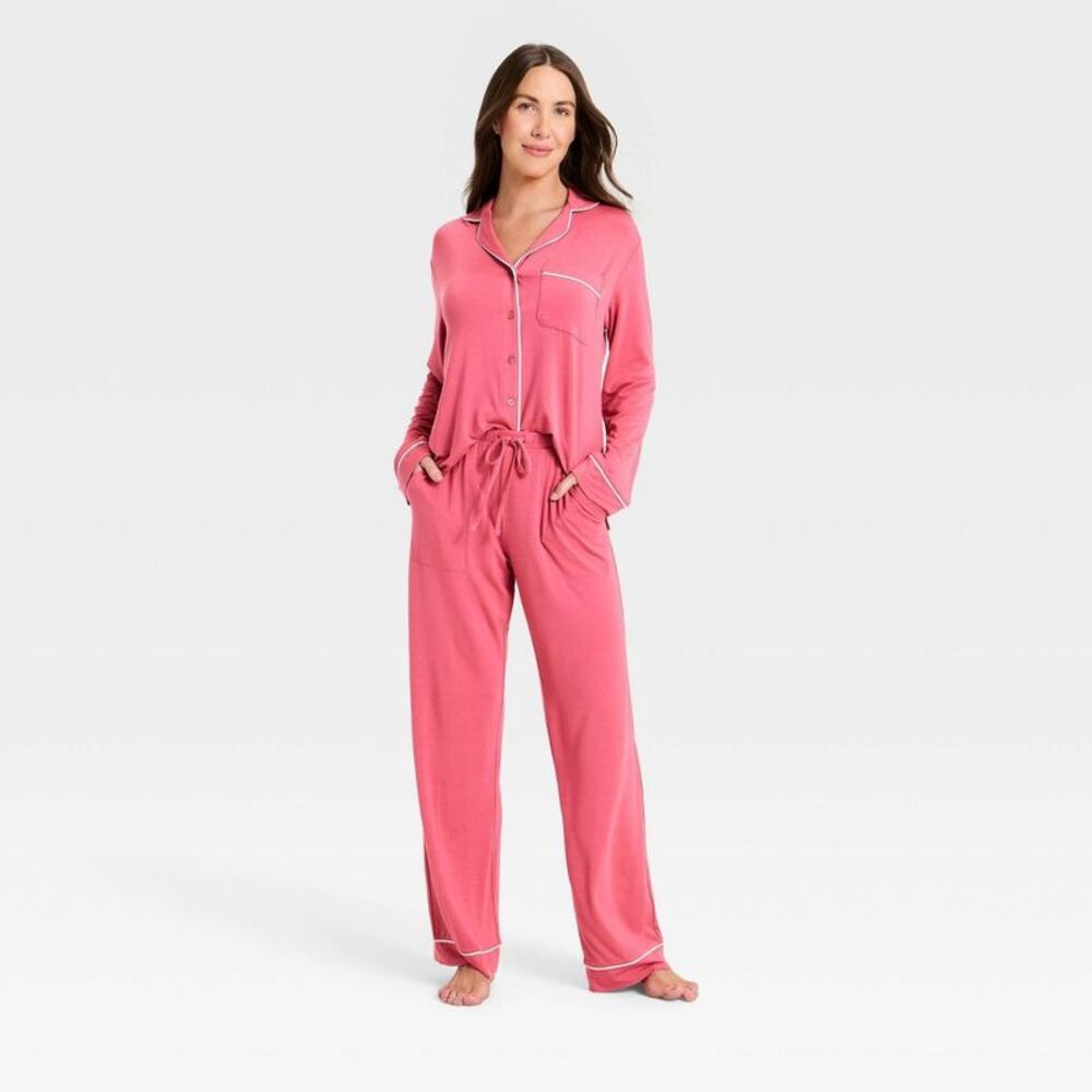 Women'S Cloud Knit Long Sleeve Notch Collar Top And Pants Pajama Set - Pink Xl